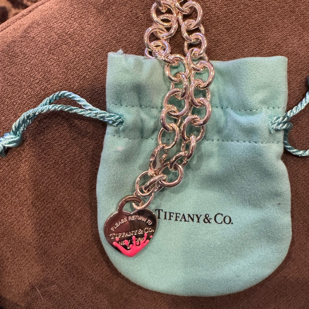Return To Tiffany & Co Pink Splash Heart Tag Bracelet Silver w/ Pouch & Box